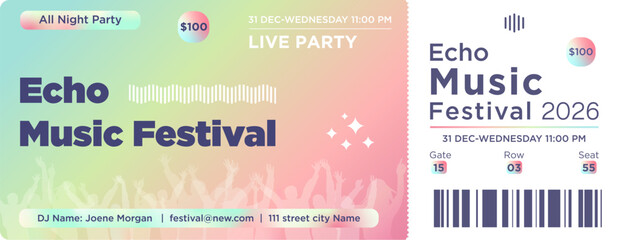 Vibrant music festival ticket template with gradient colors, modern typography, barcode, and event details. Perfect for concerts, parties, live shows, clubs, or festival promotions.