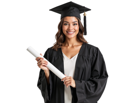 Beautiful woman in a graduation gown holding a diploma isolated on transparent background