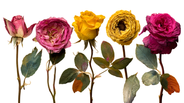 Collection of Five Decayed Roses with Textured Leaves PNG
