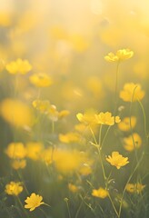 Yellow Wildflowers in Sunny Meadow – Warm Dreamy Floral Nature Background
