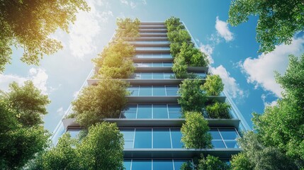A modern high-rise building with vertical greenery and large windows against a blue sky &mdash; illustrations for articles on eco-friendly construction, urban design, and the architecture of the future.