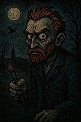A dark, moody caricature portrait of a man with fiery red hair and a beard, with a tense and slightly crazed expression. Generative AI