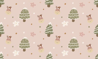 Seamless Reindeer Face and Pine Tree Pattern with Floral and Colorful Dots in Earth Tone Background
