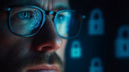 Close-Up Portrait of Cybersecurity Analyst Analyzing Digital Data