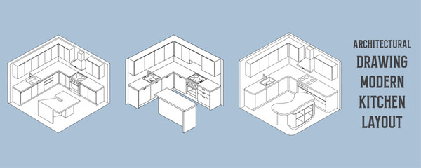 Architectural drawings of modern kitchen layouts with cabinets, sinks, stoves, and islands in isometric vector design