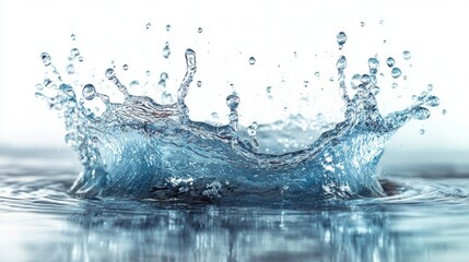 A dynamic splash of water on a light background, captured in motion, is ideal for covers on the themes of freshness, energy, nature, as well as in the design of websites about water 