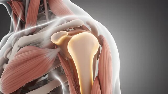 Macro slow orbit of a shoulder joint rotating fluidly under a golden glow, showing restored range and smooth stability