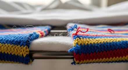 Close-up of colorful knitted fabric with blue, yellow, and red stripes, resting on a white surface, showing the details of the knit.