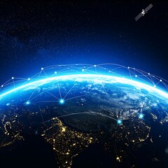 Global network connections visualized on Earth at night, with a satellite in orbit