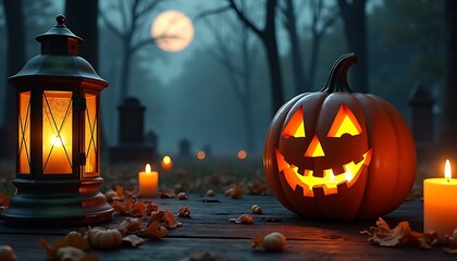 A halloween scene with a jack o lantern lantern candles and leaves under a full moon in a graveyard