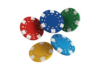Colorful poker chips scattered on a white background isolated on white background