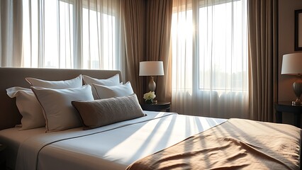 An elegant hotel bed with neatly arranged pillows, softly lit by morning sunlight through sheer curtains.