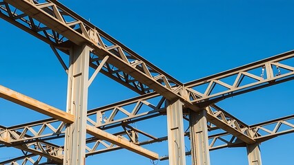 Industrial steel structure with geometric patterns, highlighting construction progress under clear skies.
