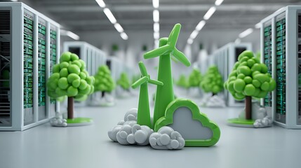 The environmental benefits of cloud computing are displayed through green energy icons and sleek data centers, showcasing how technology and sustainability can merge for a brighter future.
