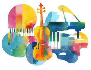 Fototapeta na wymiar Modern abstract music art with bright piano keys and violin in a colorful composition