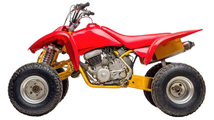 Naklejka premium Bright Red All-Terrain Vehicle with Yellow Frame, Off-Road Adventure Machine for Outdoor Fun and Recreation