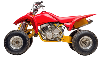 Bright Red All-Terrain Vehicle with Yellow Frame, Off-Road Adventure Machine for Outdoor Fun and Recreation