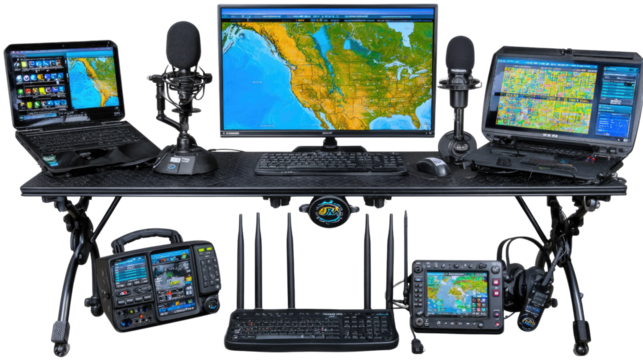 High-Tech Operations Center with Multiple Monitors, Communication Devices, and Mapping Software for Remote Work