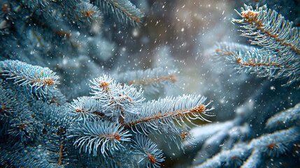 Snow-covered spruce branches in a winter forest, evoking a magical Christmas atmosphere.