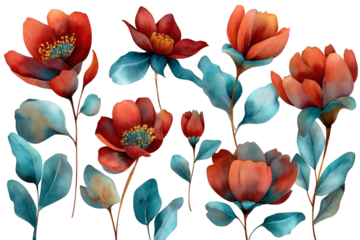 Artistic Watercolor Floral Arrangement with Red Flowers and Teal Leaves graphic design