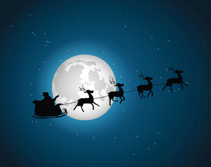 Santa Claus flying with deer over the sky, vector illustration, moonlight