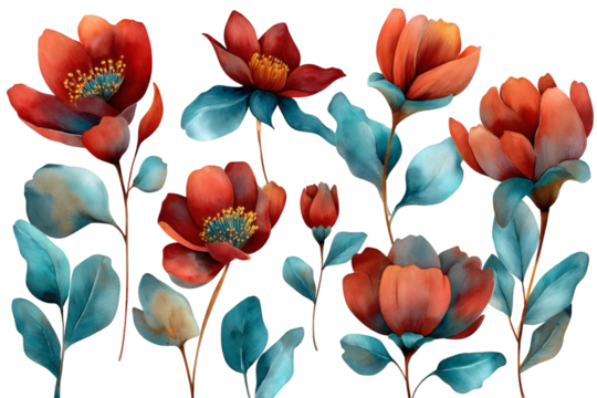 Artistic Watercolor Floral Arrangement with Red Flowers and Teal Leaves graphic design