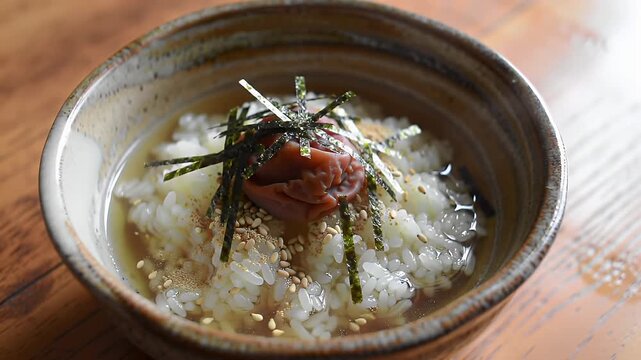 Authentic Japanese Ochazuke A Delicate Broth Rice Dish with Pickled Plum Seaweed and Sesame Seeds in a Brown Ceramic Bowl on Wooden Table Japanese Culinary Tradition and Healthy Eating with Eye Level