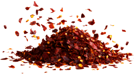 Crushed red chili flakes scattered and piled on a transparent background