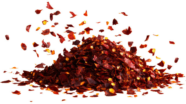Crushed red chili flakes scattered and piled on a transparent background