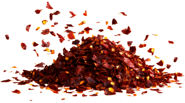 Crushed red chili flakes scattered and piled on a transparent background