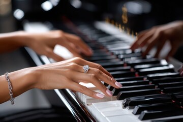 Obraz premium Elegant hands play beautiful melodies on a grand piano with a stunning diamond ring