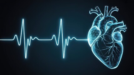 Anatomical Heart and EKG Wave: A striking visual, the image juxtaposes a detailed, illuminated representation of the human heart with a pulsating EKG waveform.