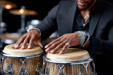 Musician playing conga drums in a stylish outfit during a live performance