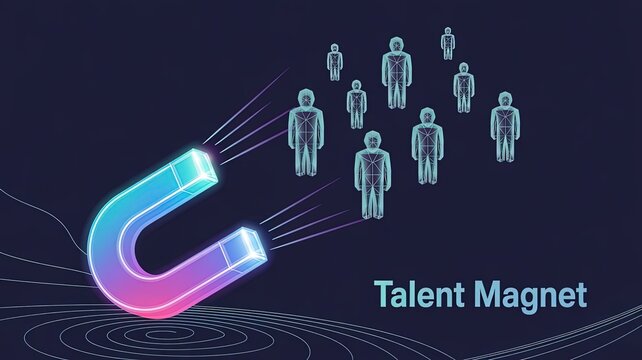 Attracting Talent: A visual metaphor of talent acquisition, featuring a glowing, stylized magnet drawing human figures towards it, set against a sleek dark background