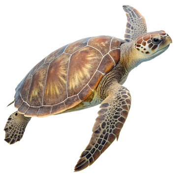 Sea turtle swimming isolated on transparent background, close up portrait of a tropical marine reptile