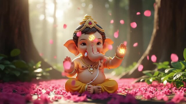 Ganesh Chaturthi Cute Baby Lord Ganesha Idol Sitting on Flower Petals in Magical Forest