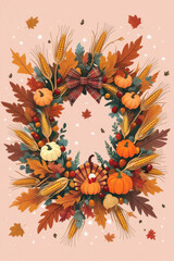 Thanksgiving Wreath Illustration, Autumn Leaves, Pumpkins and Corn Decor
