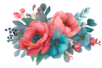 Coral pink and teal blue watercolor flowers with dark berries and leaves Keywords: watercolor flowers, coral pink, teal blue, floral