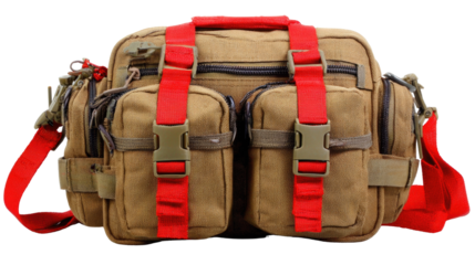 Durable tactical bag with red accents and multiple storage compartments for outdoor adventure and travel