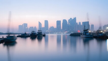Cityscape at Dusk with Boats in the Foreground