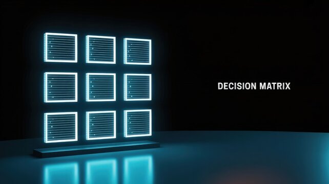 Decision Matrix: A futuristic display illuminating the path to wise choices, each illuminated pane representing a potential factor or choice, against a backdrop of the future.