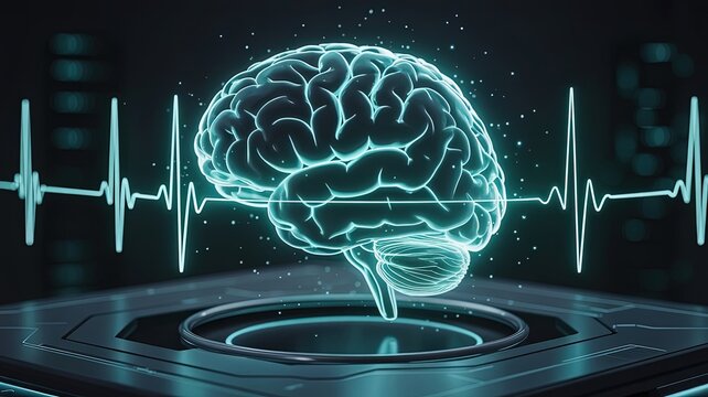 Brain's Blueprint: Illuminated neural pathways of the human brain are showcased alongside an electrogram, symbolising both consciousness and the boundless realm of potential within the mind.