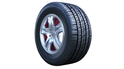 Obraz premium High-Performance Car Tire with Alloy Wheel and Tread Pattern for Dynamic Road Experience