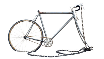 A rusty, old bicycle frame with a chain and one wheel, isolated on transparent background