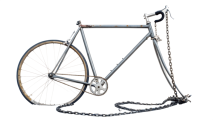 A rusty, old bicycle frame with a chain and one wheel, isolated on transparent background