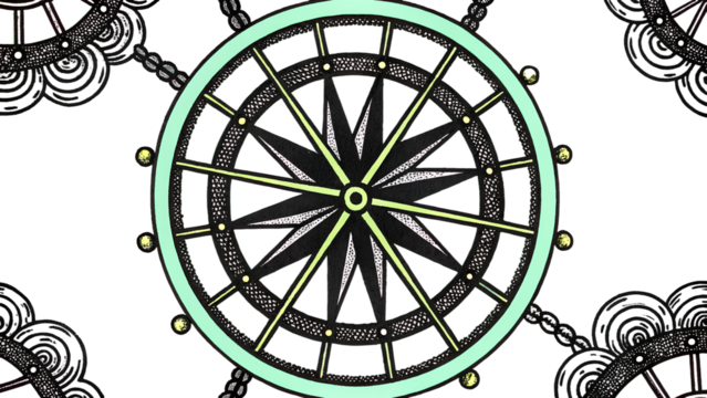 Nautical ship wheel helm for steering and navigation, with compass rose and chain pattern, isolated on transparent background