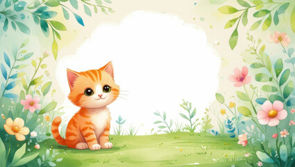 Cute Watercolor Kitten Illustration with Floral Meadow Background and Copy Space