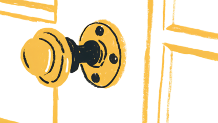 Vintage brass doorknob on a white door, isolated on transparent background