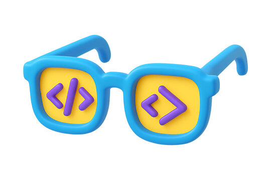 3D Coding Glasses Icon with Code Symbols on Lenses