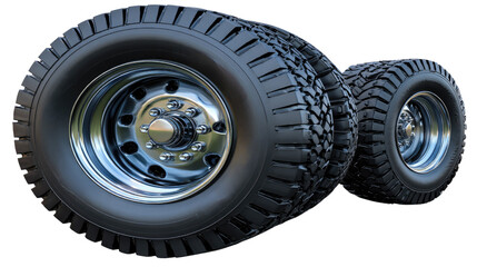 Close-Up View of High-Performance Tires with Shiny Aluminum Rims for Automotive Applications and Off-Road Use